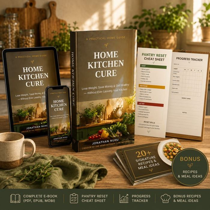 The Home Kitchen Cure ebook shown on book, tablet, and phone with bonus printables