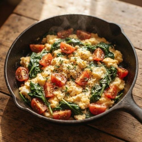 A skillet breakfast scramble with eggs, spinach, and cherry tomatoes