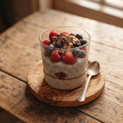A chia pudding parfait topped with fresh berries and granola
