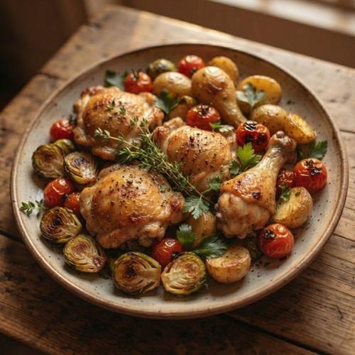 A one-pan dinner of roasted chicken with tomatoes, brussels sprouts, and potatoes