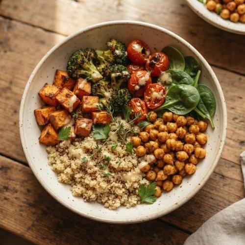 A grain bowl with quinoa, roasted sweet potato, broccoli, chickpeas, and spinach