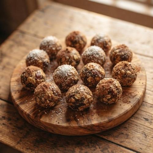 A plate of oat and date energy bites dusted with cinnamon and coconut