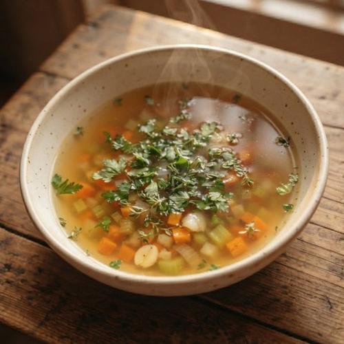 A bowl of clear vegetable broth soup garnished with fresh herbs