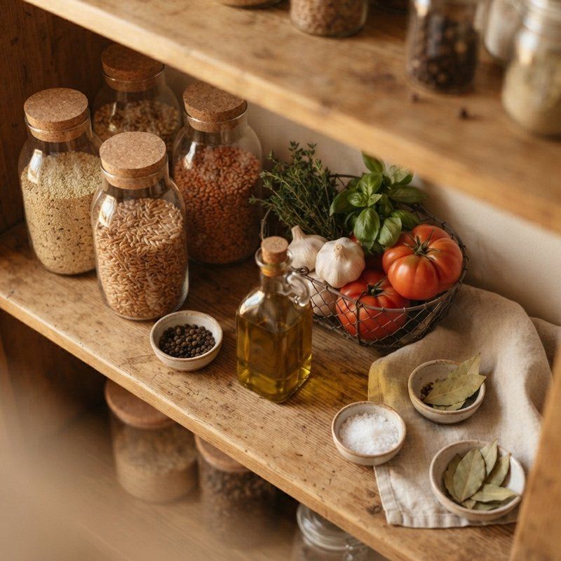 An organized pantry shelf with whole grains, olive oil, fresh tomatoes, garlic, and herbs